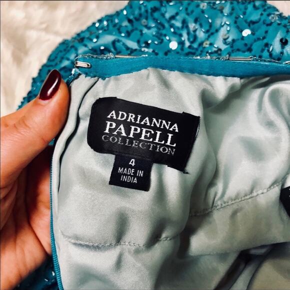 ADRIANNA PAPELL Turquoise Silk Beaded Ball Gown Maxi Floor Length Formal Dress 4 - Picture 6 of 8